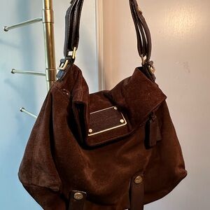 Brown Suede Leather Shoulder Bag with Flap Closure